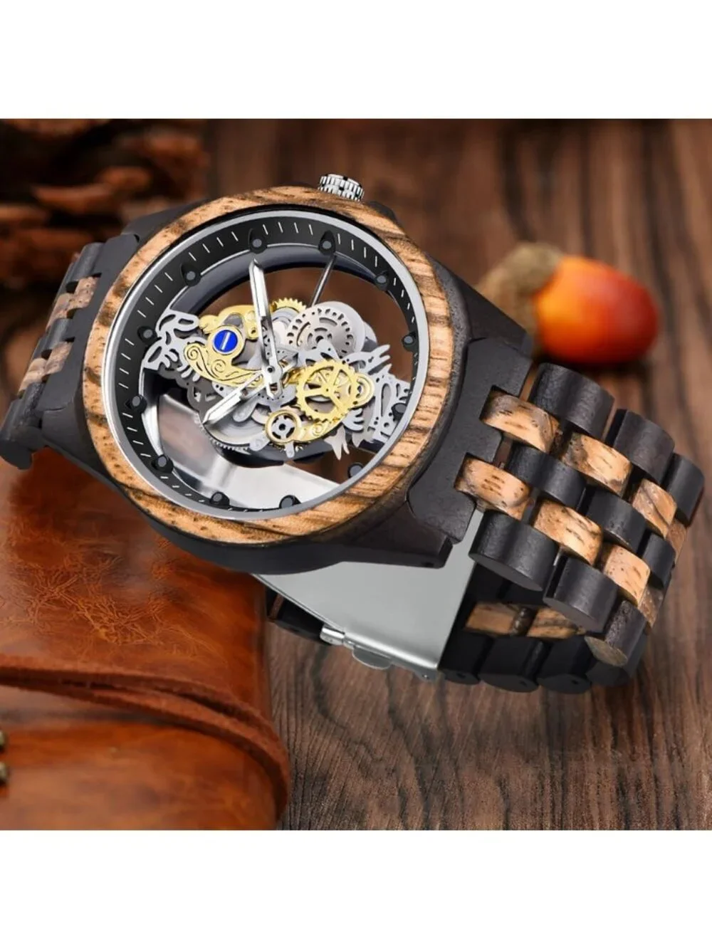 Mens Black Brown Skeleton Buckle Analog Quartz Classic Sports Round Wooden Watch